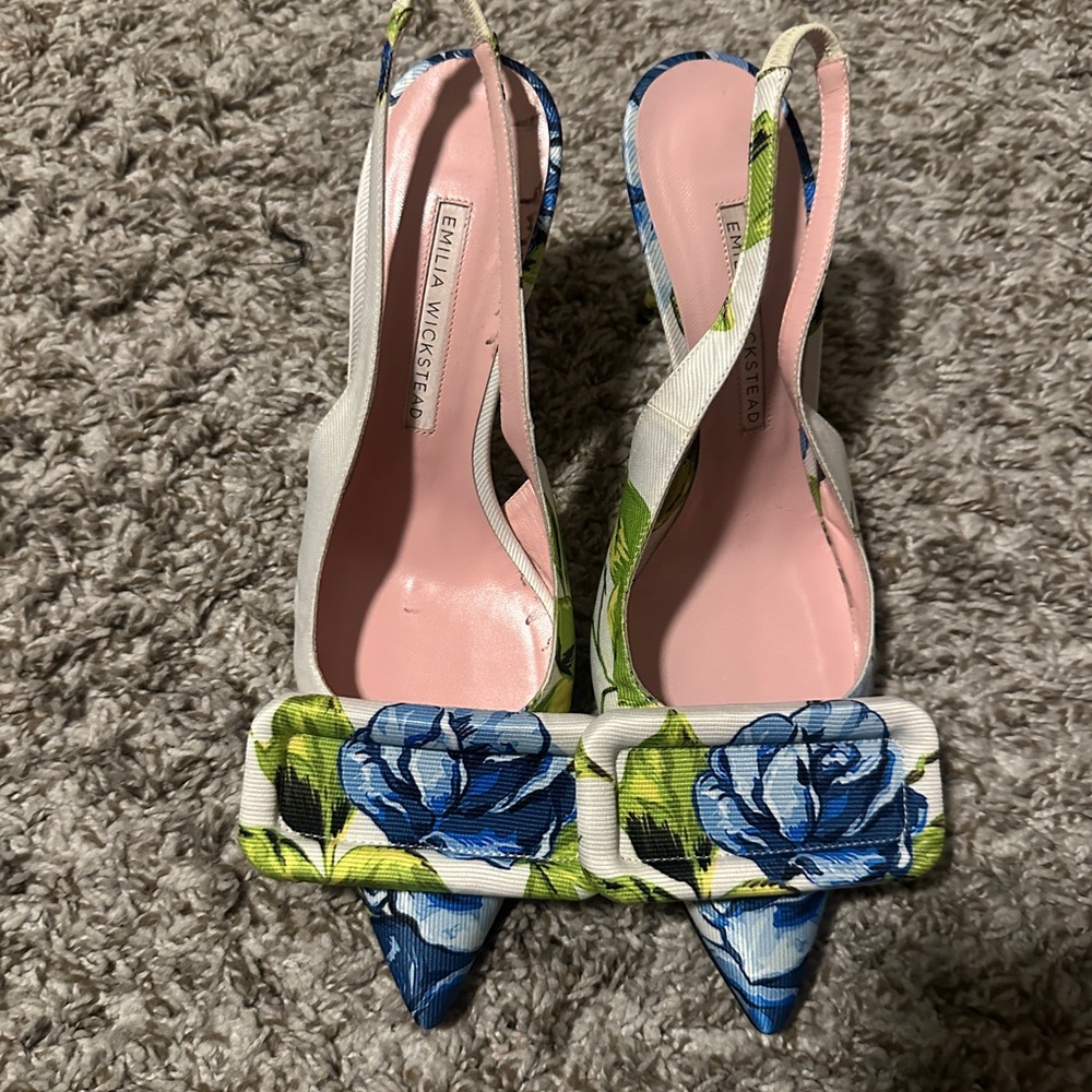 Emilia Wickstead Blue Floral Slingback Heels